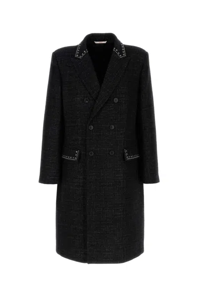 VALENTINO MELANGE BLACK WOOL BLEND COAT