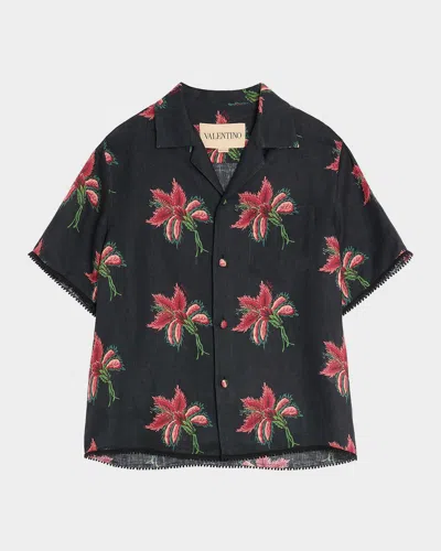 Valentino Linen Bowling Shirt With Paper Floral Print In Black