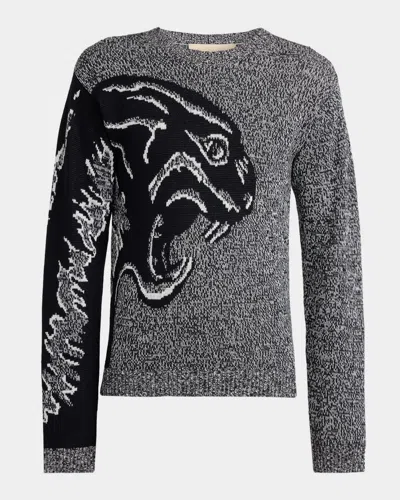 Valentino Men & Apos;s Maglia Panther Jacquard Mouline Crewneck Sweater In Black