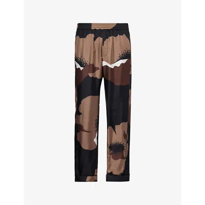 Valentino Silk Floral Print Trousers In Black Clay