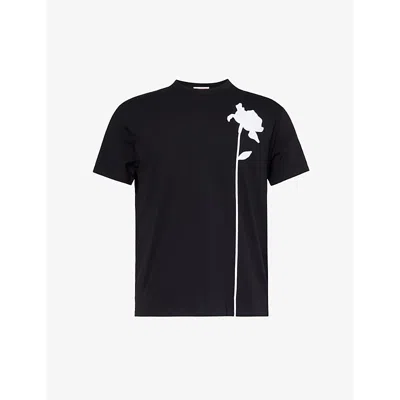 Valentino Floral-embroidered Cotton T-shirt In Black