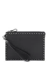 VALENTINO GARAVANI MEN'S BLACK STUDDED LEATHER HANDBAG WITH CARD SLOTS AND WRIST STRAP