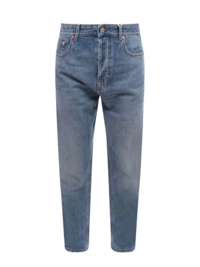 Valentino Crimson Cotton Cropped Jeans With Vlogo Detail In Blue