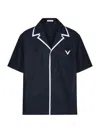 Valentino Cotton Poplin Bowling Shirt With Rubberised V Detail In Navy