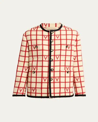 VALENTINO MEN'S BRAID-TRIM MONOGRAM CHECK BLAZER