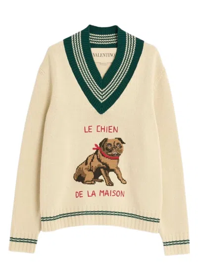 VALENTINO MEN'S BUTTER-COLOURED SWEATER WITH LE CHIEN DE LA MAISON EMBROIDERY
