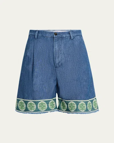 Valentino Men's Chambray Embellished-hem Shorts In Denim