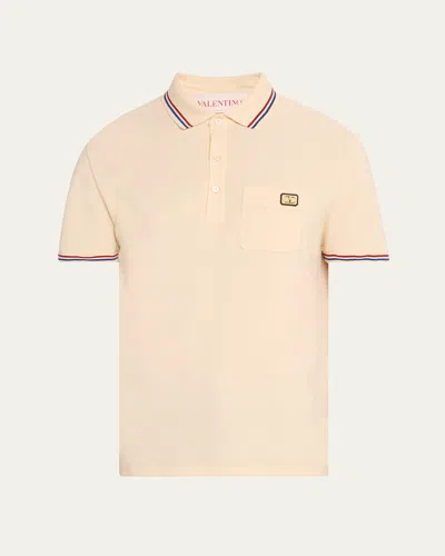 Valentino Cotton Piqué Polo Shirt With V-logo Patch In Neutral