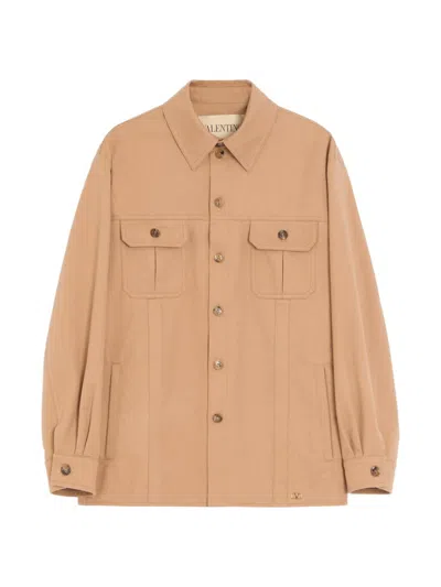 Valentino Cotton Gabardine Shirt Jacket With Vlogo In Brown