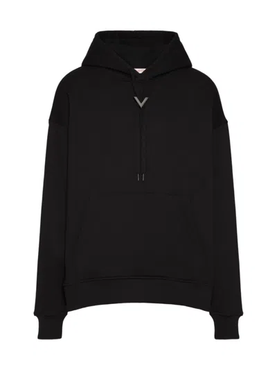 Valentino Men's Cotton Hooded Sweatshirt With Metallic V Detail In Black