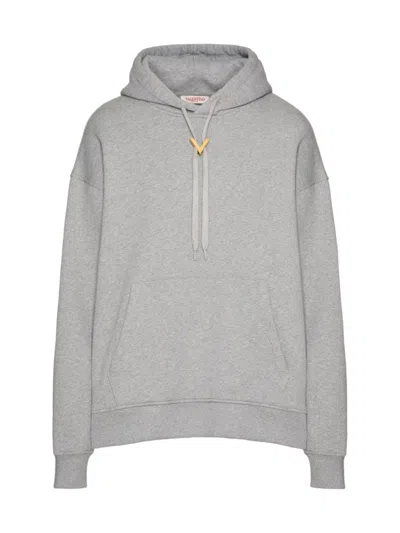 Valentino Men's Cotton Hooded Sweatshirt With Metallic V Detail In Grey