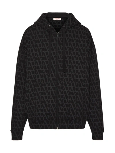 Valentino Men's Cotton Hooded Sweatshirt With Zipper And Toile Iconographe Print In Black