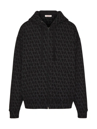 Valentino Cotton Vlogo Zip-up Hoodie In Black