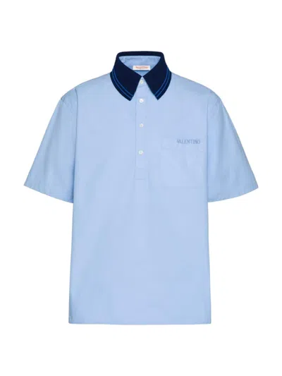 Valentino Men's Cotton Poplin Polo Shirt With Embroidery In Blue