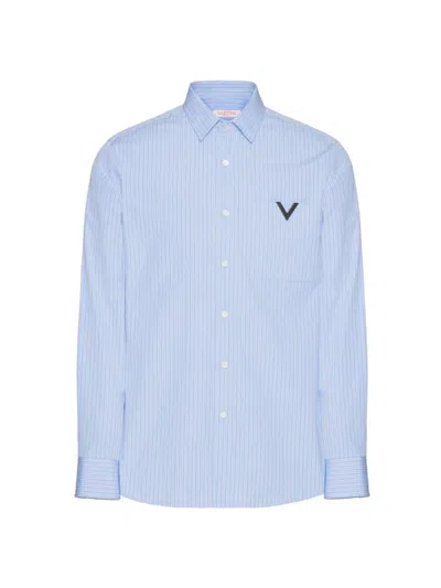 Valentino V-detail Cotton Shirt In Blue