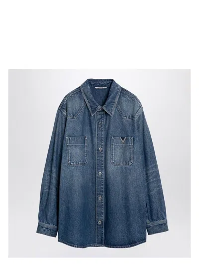 VALENTINO MEN'S DENIM SHIRT WITH V DETAIL