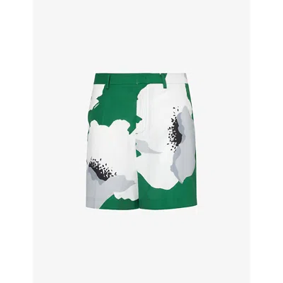 VALENTINO VALENTINO MEN'S EMERALD GREY FLOWER GRAPHIC-PRINT RELAXED-FIT COTTON SHORTS