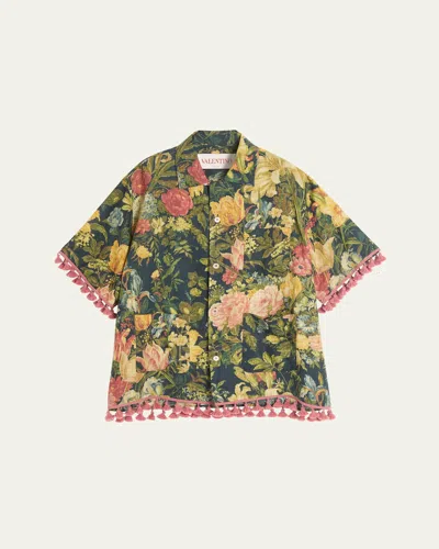 Valentino Men's Floral Poplin Tassel Camp Shirt In Floral Print