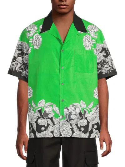 Valentino Men's Floral-print Contrast-collar Cotton Shirt