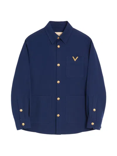 Valentino Cotton Gabardine Shirt Jacket With Vgold In Blue