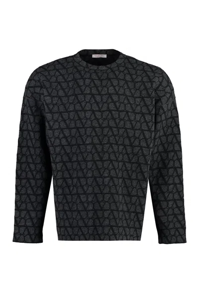 Valentino Men's Grey Crew-neck Wool Sweater With Iconic All-over Motif