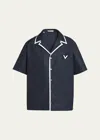 Valentino Men's Heavy Poplin Piped Camp Shirt In Navy