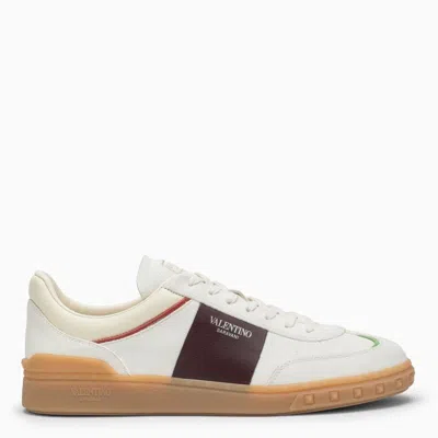 VALENTINO GARAVANI MEN'S IVORY LEATHER LOW TOP TRAINERS WITH BORDEAUX ACCENTS