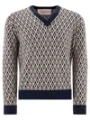 Valentino Wool Jumper With Toute La V Jacquard Pattern In Blue