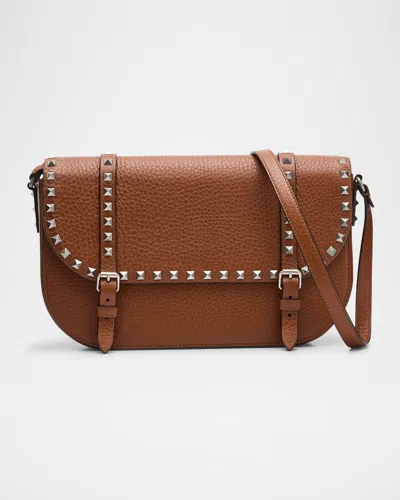 Valentino Men's Large Leather Rockstud Messenger Bag In Saddle