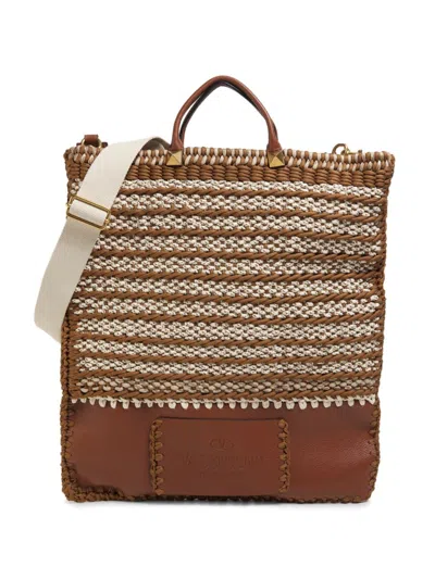 Valentino Garavani Men's Large Woven Textile & Leather Flat Tote Bag In Brown
