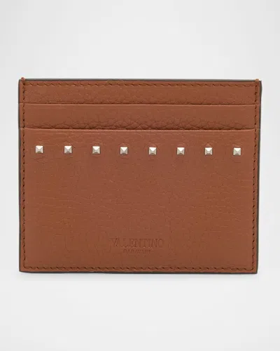 Valentino Garavani Men's Leather Rockstud Card Holder In Brown