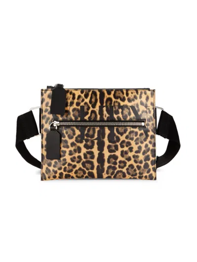 Valentino Garavani Men's Leopard Print Leather Crossbody Bag In Brown
