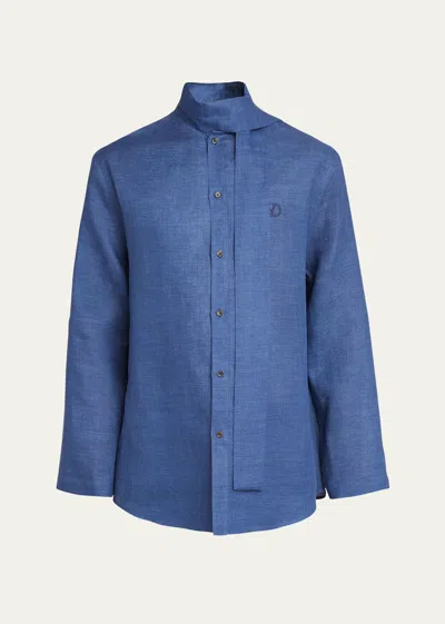 Valentino Men's Lightweight Linen Neck-tie Shirt In Blue