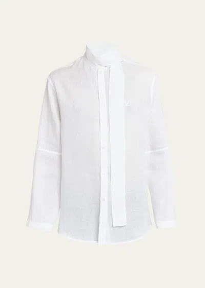 Valentino Linen Shirt With Scarf Collar And Vlogo Signature Embroidery In White