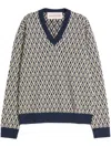 Valentino Wool Jumper With Toute La V Jacquard Pattern In Navycrema