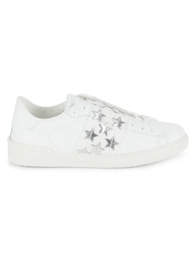 Valentino Garavani Men's Metallic Star Leather Sneakers In White Silver