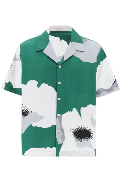 Valentino Emerald Green And White Cotton Poplin Floral Bowling Shirt In Tan