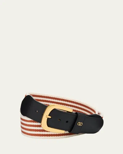 Valentino Garavani Men's Nano Stripe Cotton And Leather Belt In Bianco Testa Di Moro