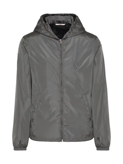 Valentino Nylon Hooded Windbreaker With Metallic V Detail In Grey