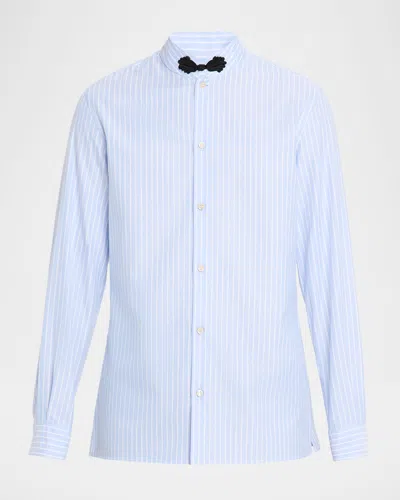 Valentino Men's Pinstripe Ornate Band Collar Oxford Shirt In Blue