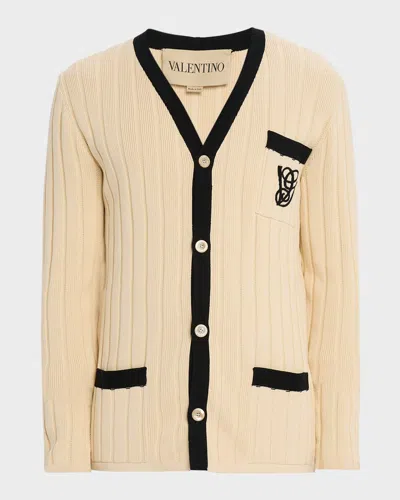 Valentino Men's Pocket-monogram Ribbed Cardigan In Neutral