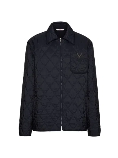 Valentino Men's Quilted Nylon Shirt Jacket With Metallic V Detail In Blue