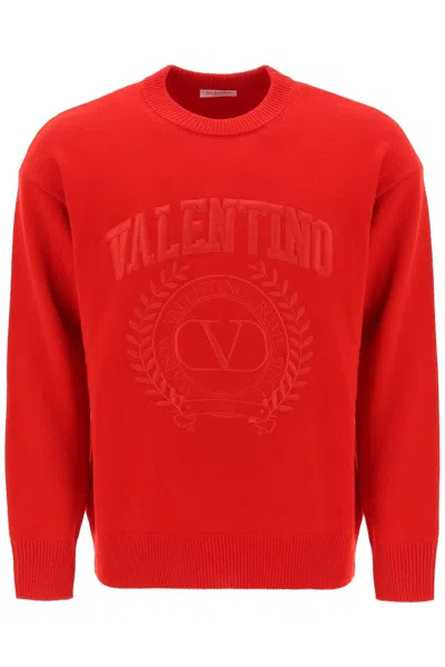 VALENTINO MEN'S RED CREW-NECK WOOL SWEATER WITH EMBROIDERED DETAIL