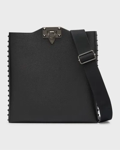 Valentino Garavani Men's Rockstud Grainy Calfskin Crossbody Bag In Black