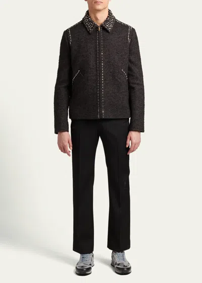 Valentino Men's Rockstud-trim Tweed Blouson Jacket In Brown