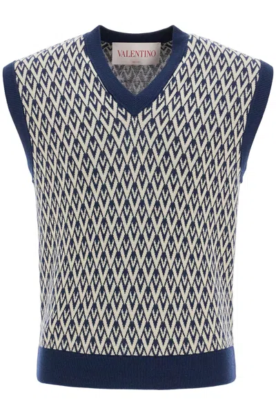 Valentino Men's Navy Virgin Wool Vest With Pattern In Black
