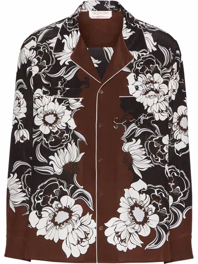 Valentino Men's Camicia M/lunghe Street Flowers Shirt In St.margherite Foulard Nero,tabacco,avori