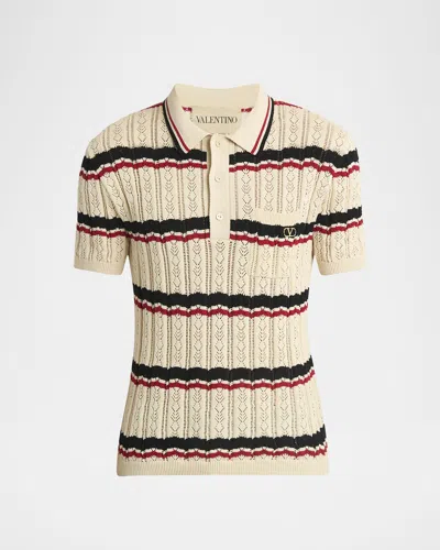 Valentino Men's Stripe Cotton Eyelet Vlogo-pocket Polo Shirt