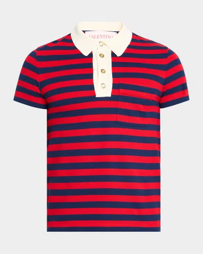 VALENTINO MEN'S STRIPE COTTON PIQUE POLO SHIRT