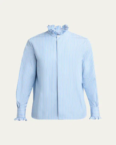 Valentino Men's Stripe Poplin Ruffle-trim Sport Shirt In Blue